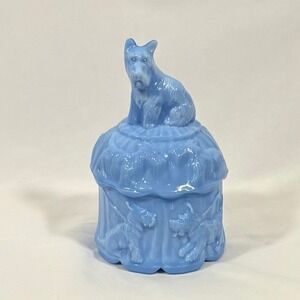 Vintage Akro Agate Blue Opalescent Scottish Terrier Dog Candy Dish Box